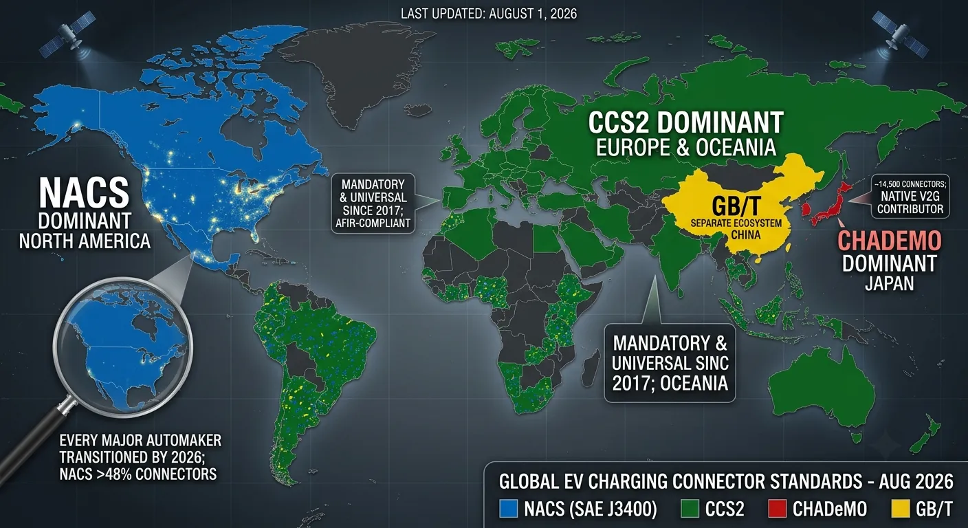 Global EV charging connector standards map — which standard dominates each region: NACS in North America, CCS2 in Europe, CHAdeMO in Japan, GB/T in China