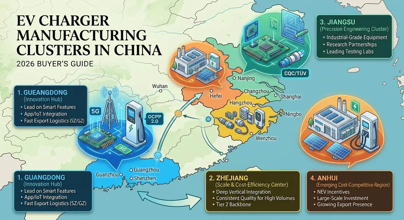 EV charger manufacturing clusters in China — Guangdong, Zhejiang, Jiangsu, and Anhui industrial regions