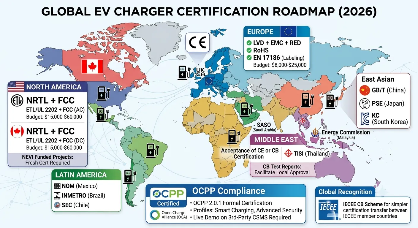 Global EV charger certification roadmap — CE, ETL/UL, FCC, and OCPP requirements by target market with costs and timelines