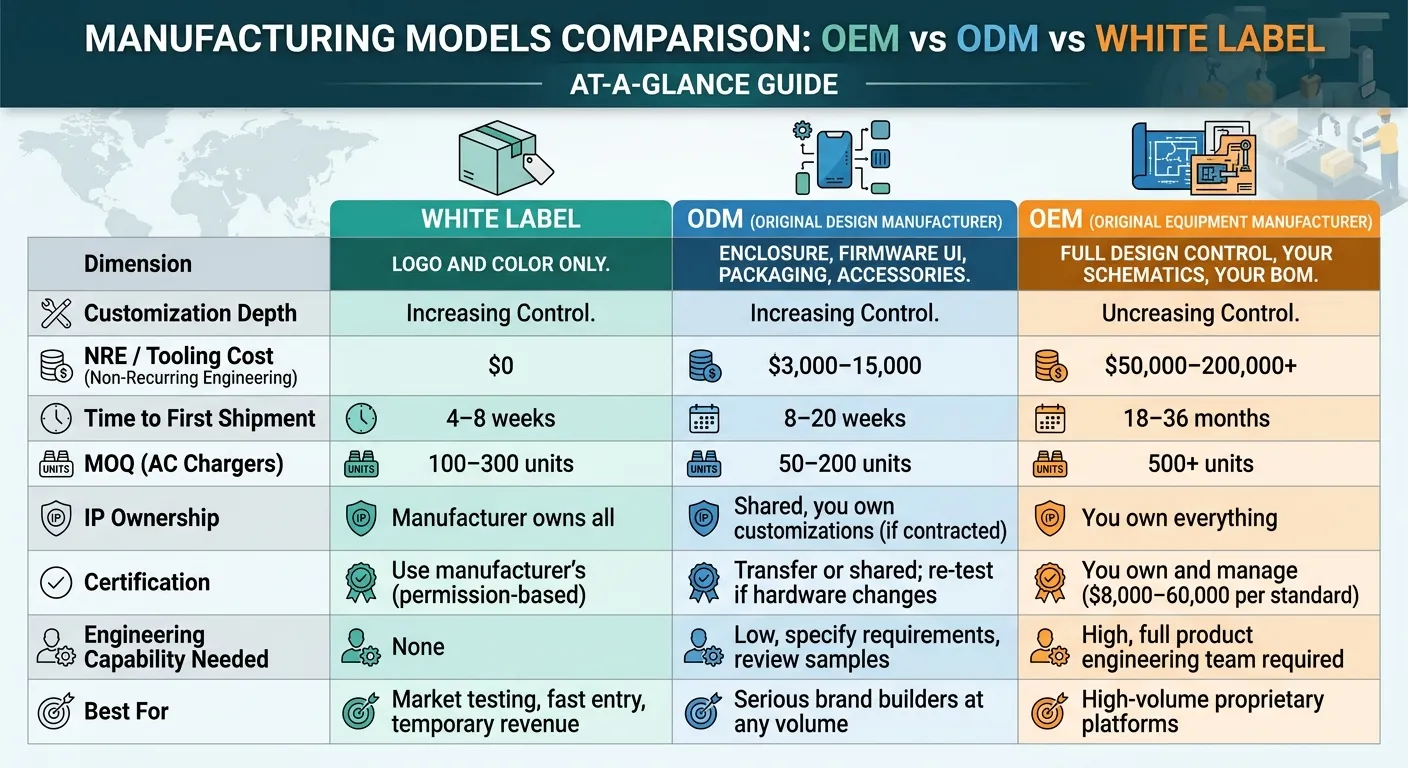 Manufacturing models comparison — OEM vs ODM vs White Label at a glance: customization depth, NRE cost, timeline, MOQ, IP ownership, and certification