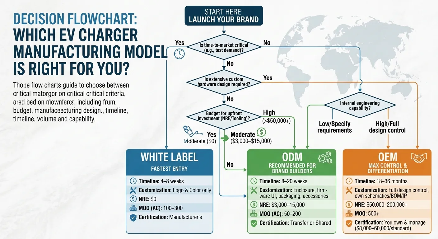 Which EV charger manufacturing model is right for you — OEM vs ODM vs White Label decision framework based on volume, budget, and differentiation goals