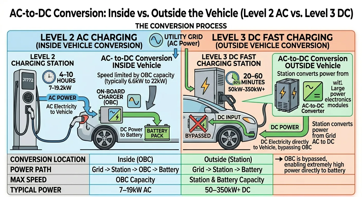Level 2 vs Level 3 EV charger — where DC power conversion happens determines charging speed