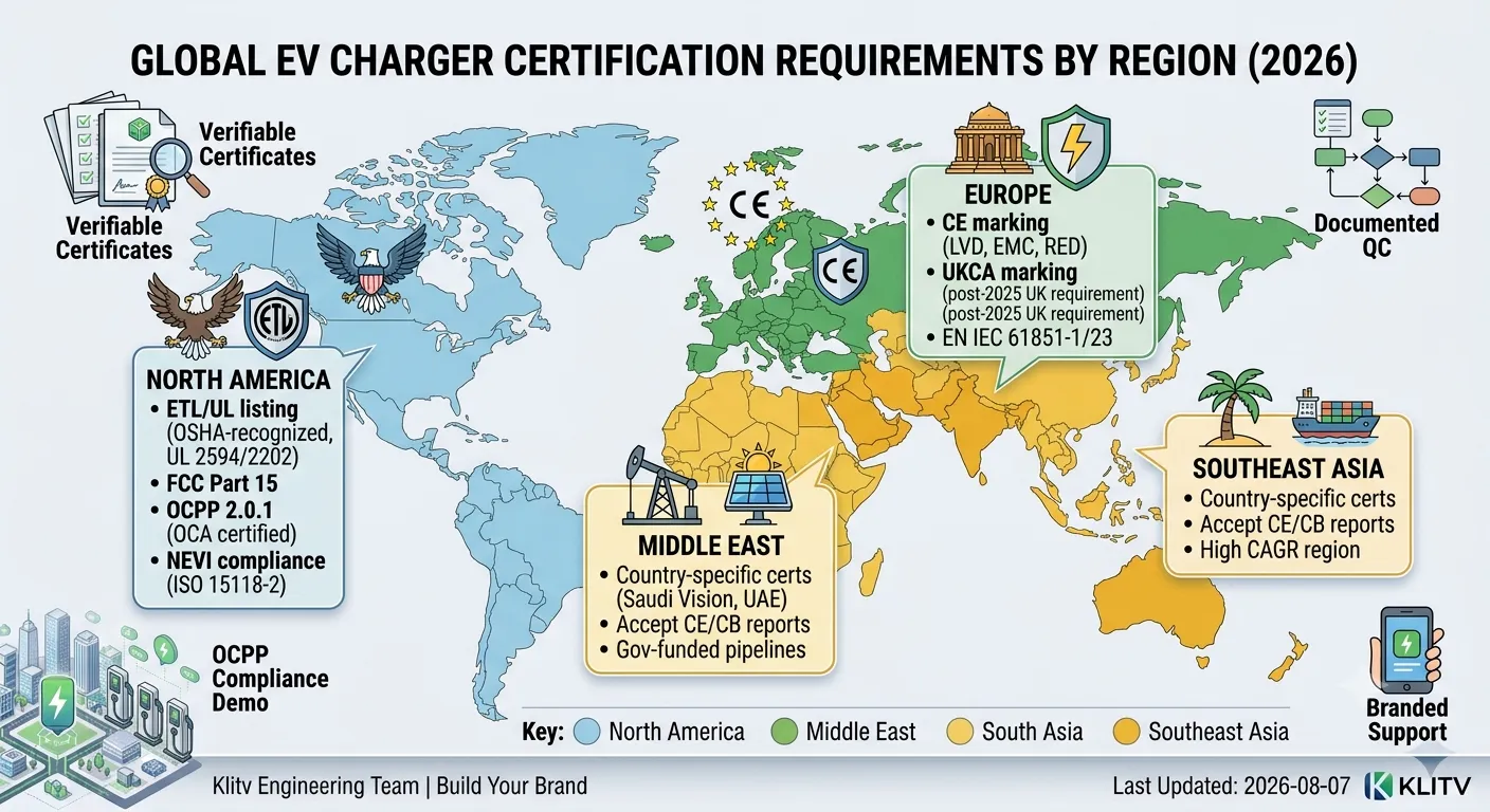 Global EV charger certification requirements by region for 2026