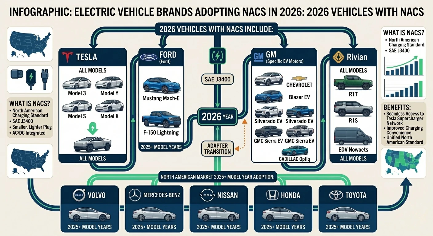 Infographic: Which EV brands use NACS in 2026 — Tesla, Ford, GM, Rivian, Volvo, Mercedes, Nissan, Honda, Toyota