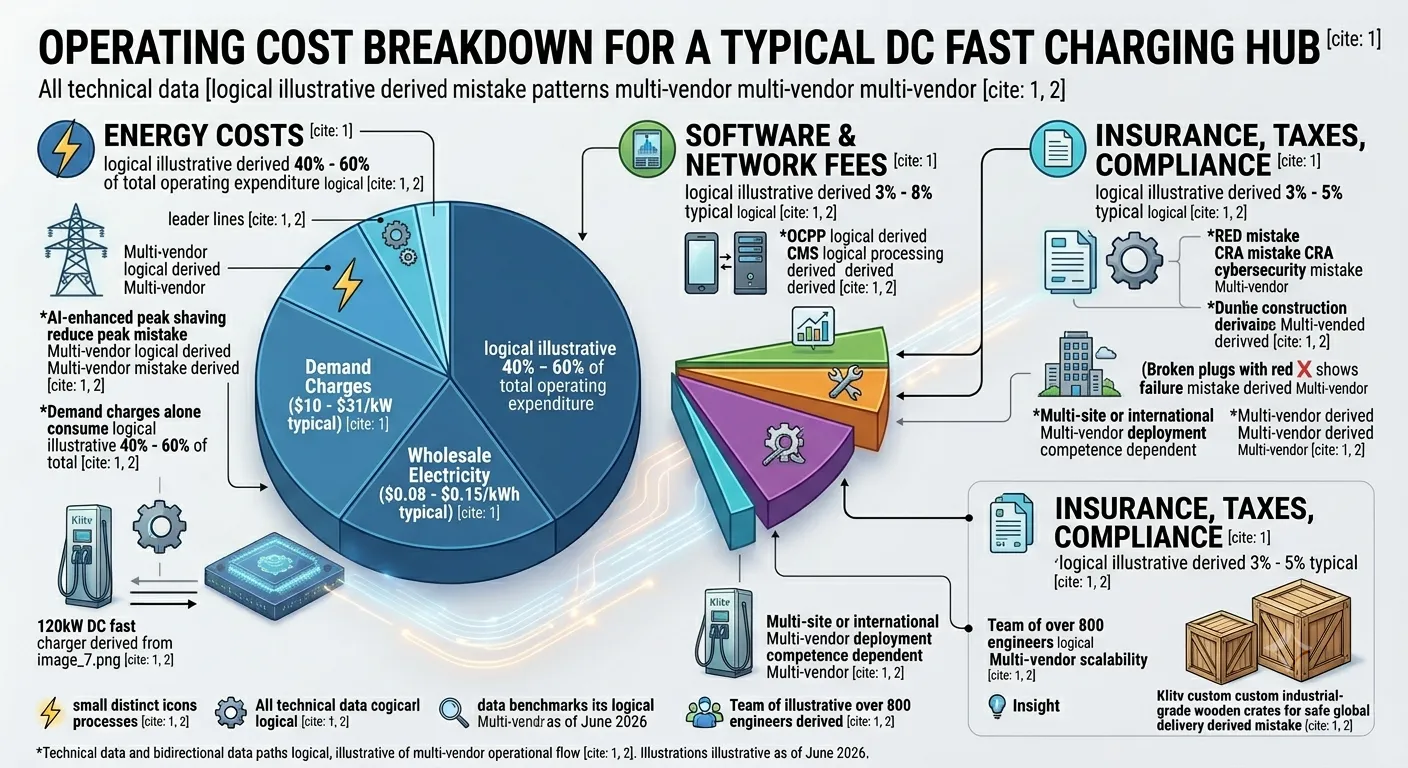 Operating cost breakdown for a typical DC fast charging hub — hardware, installation, energy, maintenance, and fees