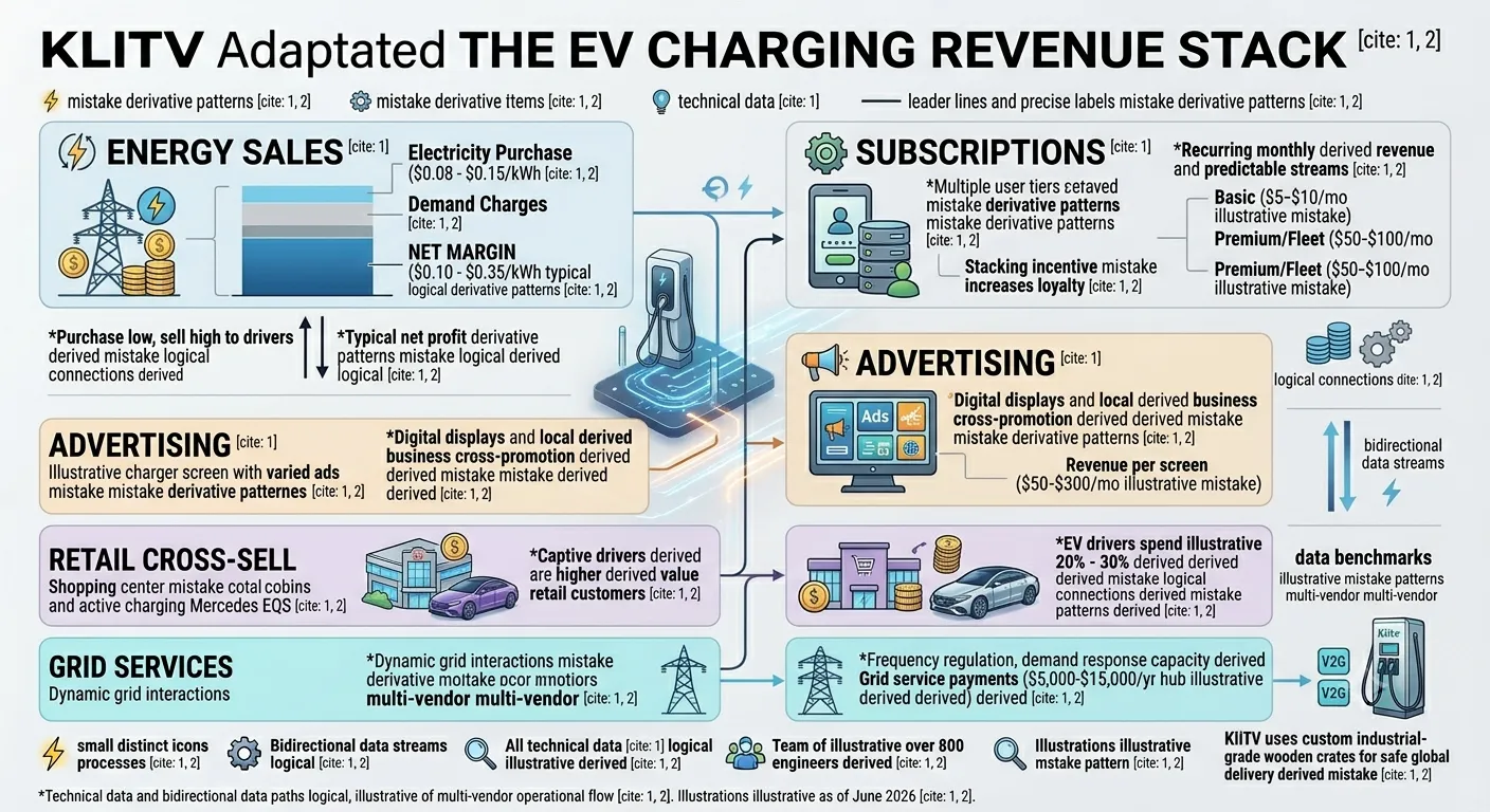 The EV charging revenue stack — energy sales, session fees, subscriptions, and ancillary income streams