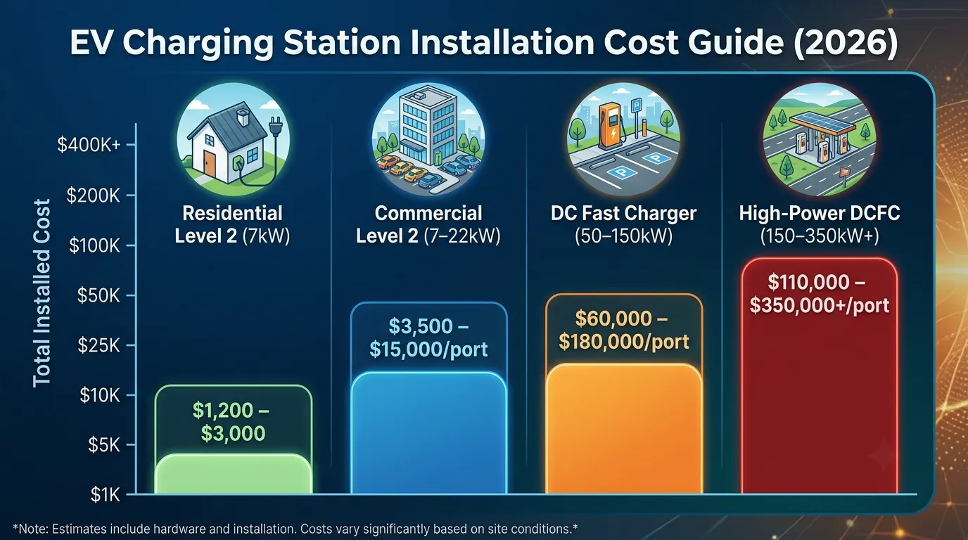 EV Charging Station Installation Cost Guide 2026 — complete breakdown by charger type, cost drivers, and strategies to reduce project budget