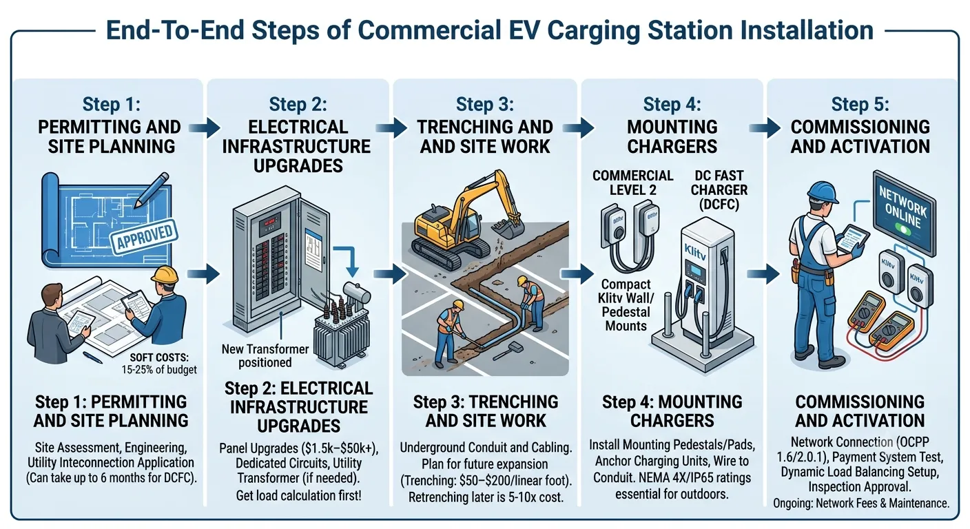 End-to-end steps of commercial EV charging station installation — from site survey and permitting to electrical work and commissioning