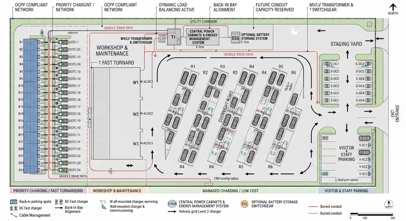 Zoned fleet depot yard layout with operational bays, overnight rows, workshop, staging, and visitor parking