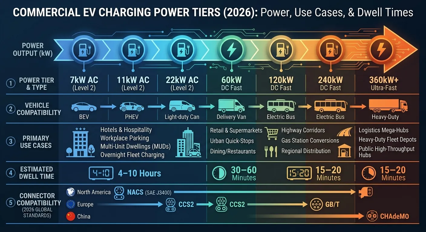 Commercial EV charging power tiers for 2026: power, use cases, and dwell times